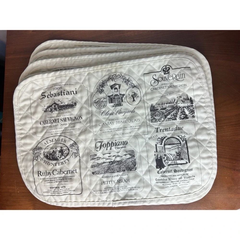 Vintage 1970's California Napa Wine Label‎ Quilted Placemats & Napkins Lot of 8